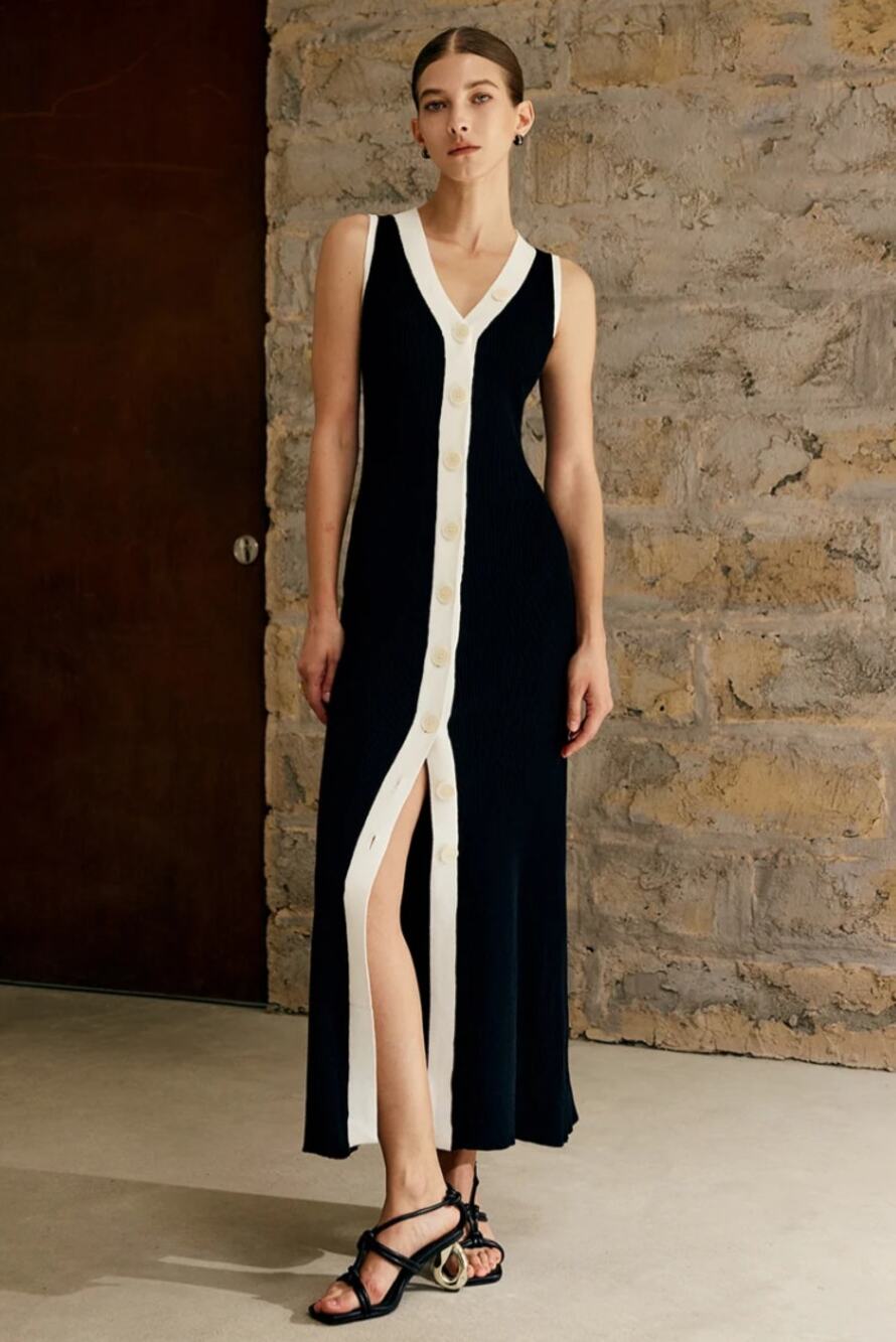 Commense Black Ivory Contrast Trim Button Knit Maxi Dress XL – Euro Chic
